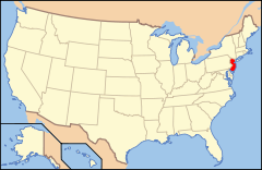Mapa esquemático de Estados Unidos, que muestra (a la derecha, en color rojo) la ubicación del estado de Nueva Jersey