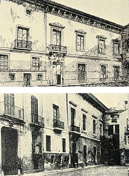 Grabado y fotografía de la Real Sociedad Económica en la antigua Plaza del Reino(Zaragoza).jpg