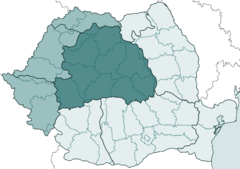 Mapa de Transilvania en Rumanía. Las áreas en azul oscuro corresponden al núcleo del territorio del histórico Voivodato. Las marcadas en azul poco más claro, que corresponden a Maramureş, Crişana y el Banato rumano, son a veces consideradas parte de Transilvania.