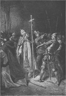 Dibujo que representa el momento de la supuesta bofetada de Sciarra Colonna al Papa Bonifacio VIII.jpg
