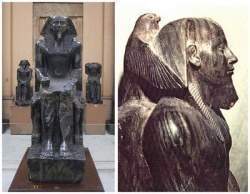 Estatua sedente del faraón Kefrén y el dios halcón Horus.