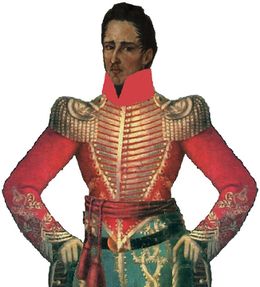 José María Córdova usando la chaqueta roja de guerra, para infundir terror en el enemigo y para ocultar la sangre, la llevaba puesta José María Córdova el día que peleo en La batalla de El Santuario el 17 de octub.jpg