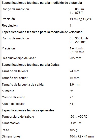 Especificaciones técnicas del distanciómetro PCE-LRF 600