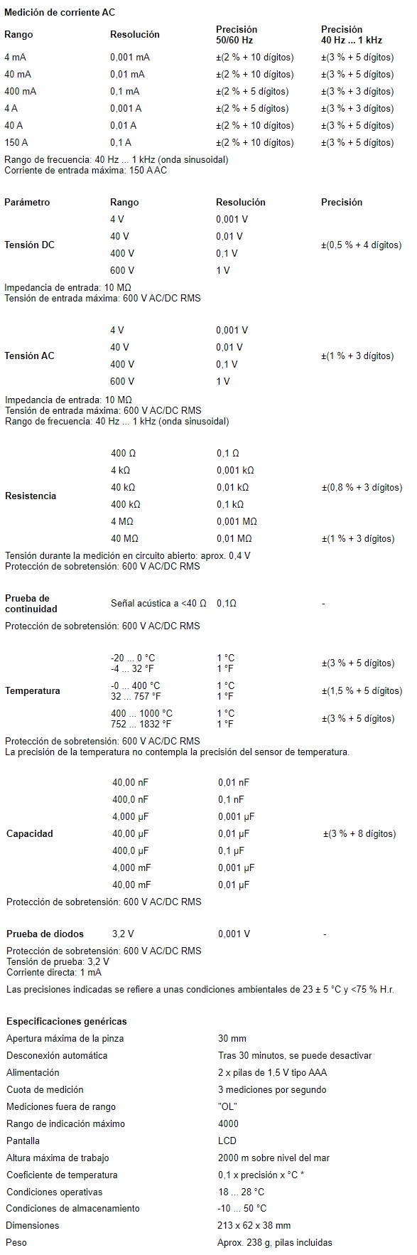 Especificaciones técnicas de la pinza amperimétrica PCE-LCT 3