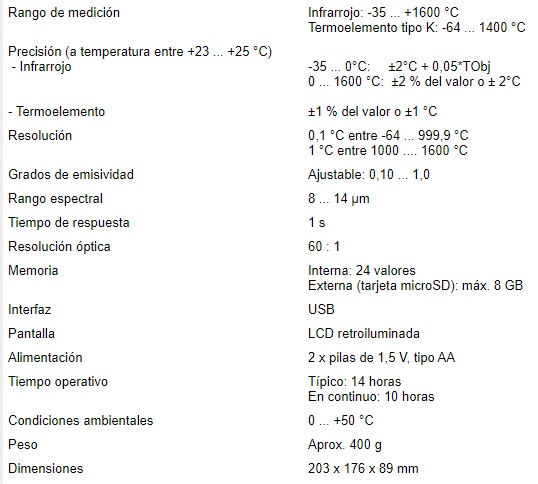 Especificaciones técnicas del termómetro de rayo láser dual PCE-895