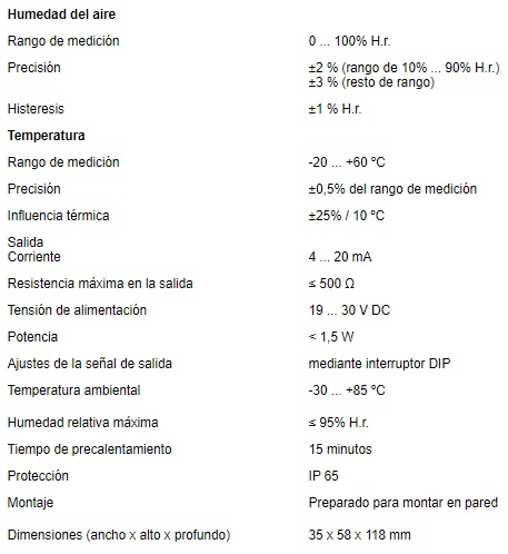 especificaciones técnicas del transductor de temperatura PCE-P18L
