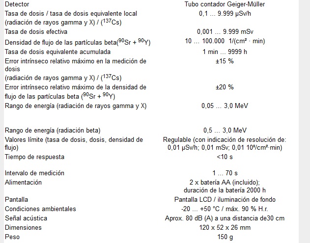 Especificaciones técnicas del medidor de radioactividad MKS-05 TERRA