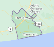 Mapa esquemático del partido de Tres Arroyos, con su balneario Claromecó (83 km al sur)