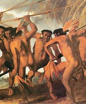 Indios Taínos que pintan las paredes de una cueva.