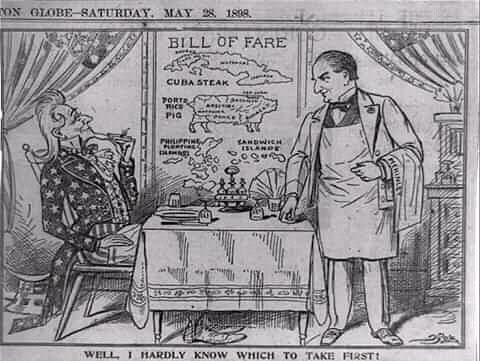 el presidente McKinley como camarero ofertando al Tio Sam un menú con las posesiones arrebatadas a España