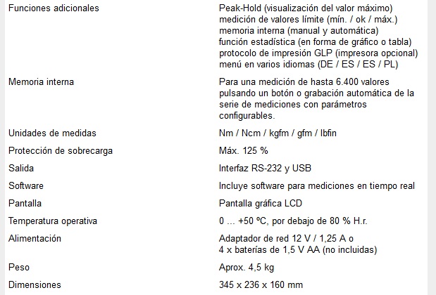 Especificaciones técnicas del Torquímetro serie PCE-TTM