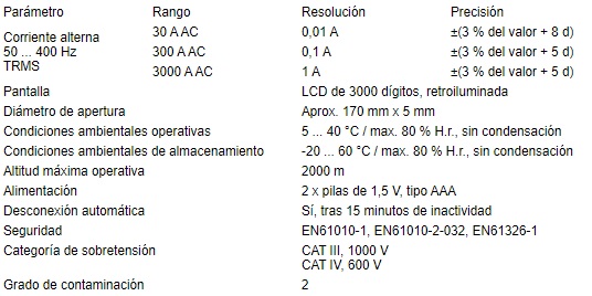 Especificaciones técnicas del pinza amperimétrica flexible PCE-CM 40