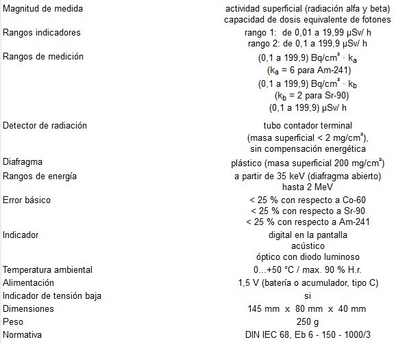 Especificaciones técnicas del medidor de radioactividad SVS-5