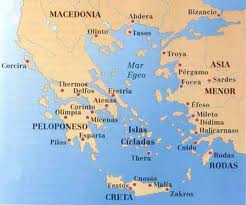 Mapa de la antigua Grecia que muestra la península del Peloponeso con sus ciudades principales: Olimpia, Corinto, Micenas, Pilos y Esparta.
