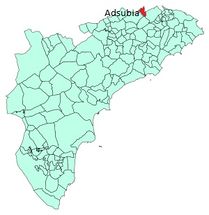 Ubicación de Adsubia-Alicante, en la provincia de Alicante, España